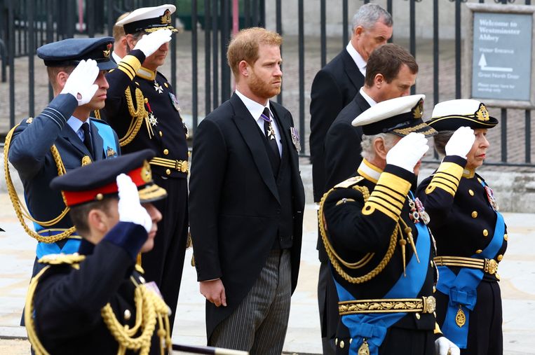 Harry mocht niet in zijn militaire uniform naar het afscheid. Beeld Getty Images